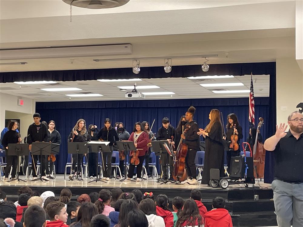 Willis Junior High visits Galveston fifth and sixth graders for an assembly.